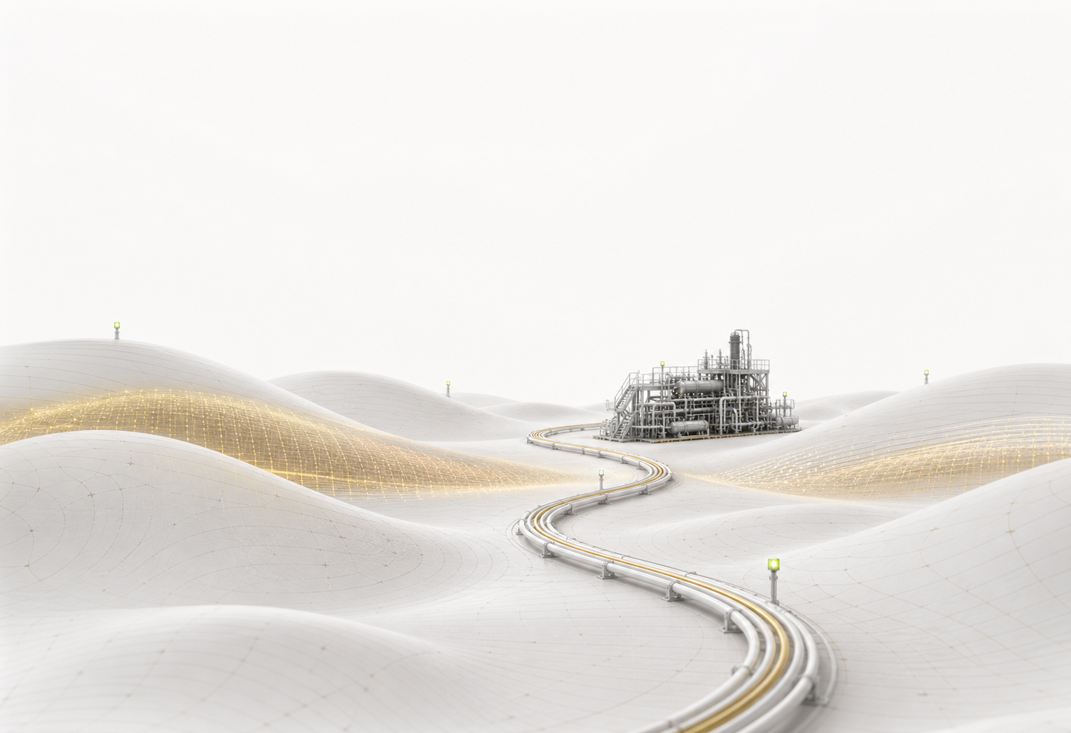 A gold verification path crossing a technical landscape toward an industrial process module.
