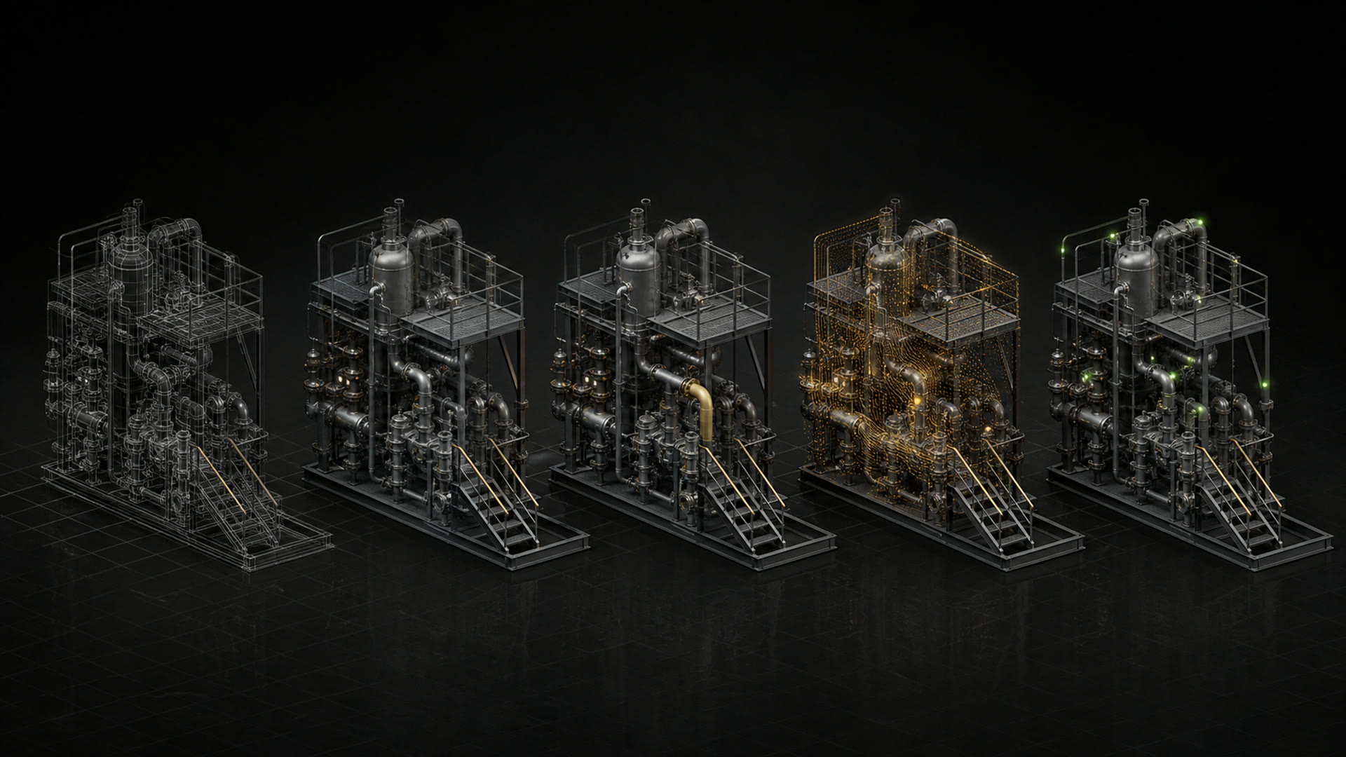 Five-stage technical lifecycle of a process plant moving from concept to physics-verified operation.
