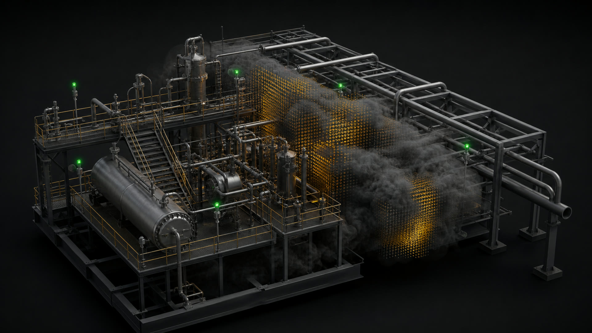 Conceptual process module showing a physics-resolved gas plume and active detectors.