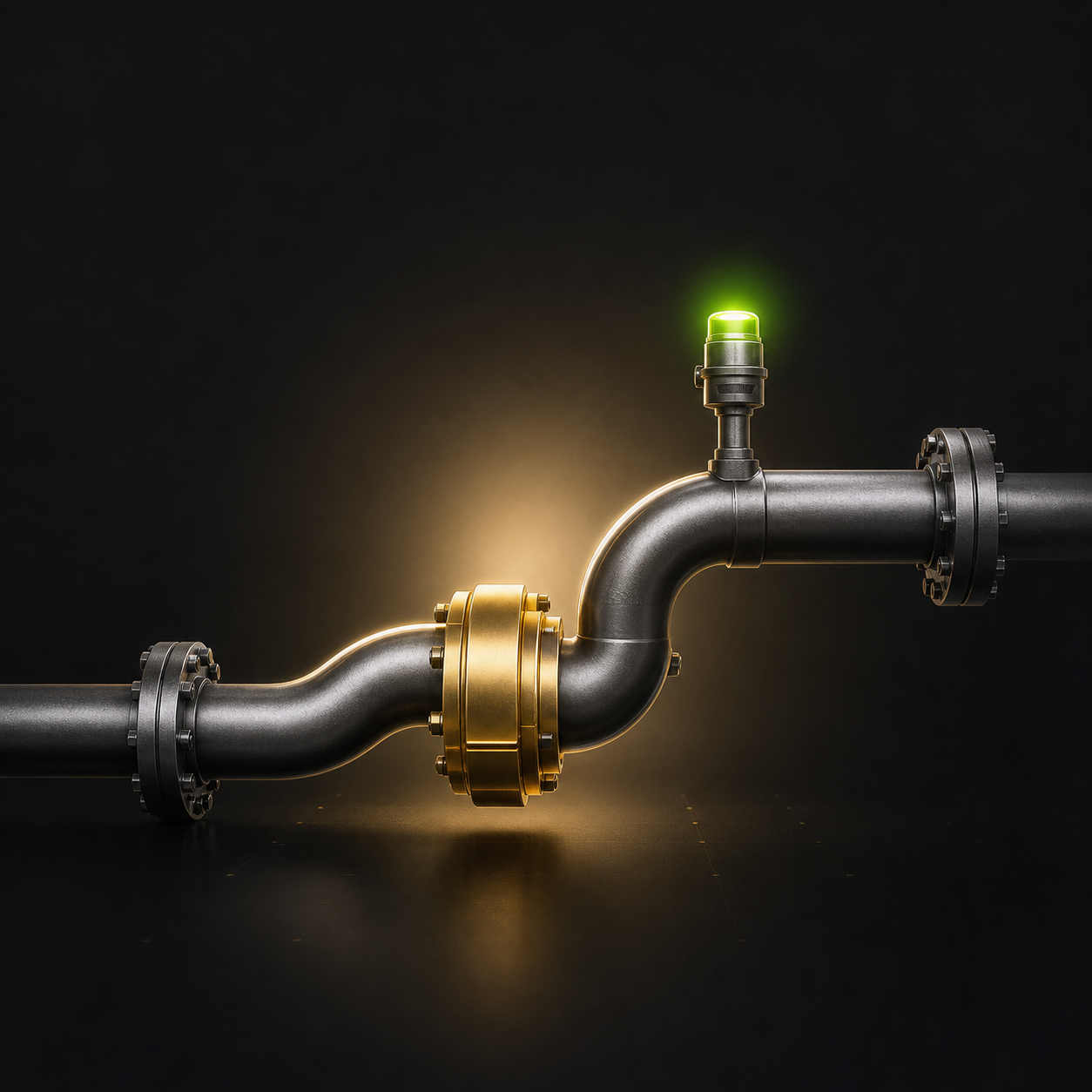 An industrial pipe reroute passing through a verified change collar and active detector.