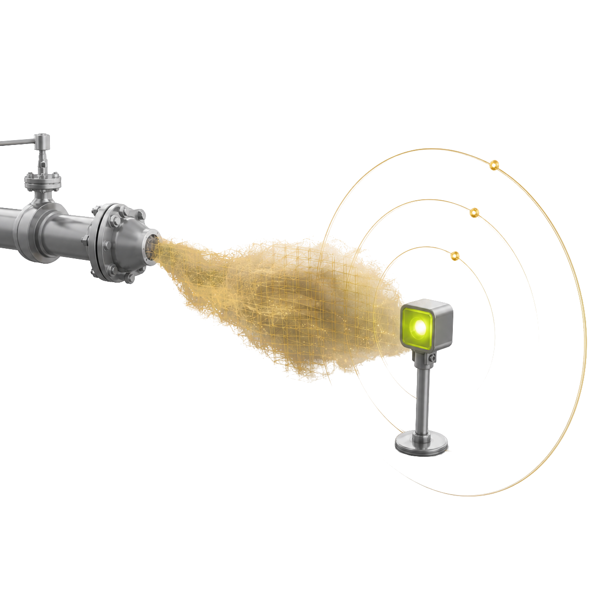 A physical release plume travelling from a nozzle toward an active detector.