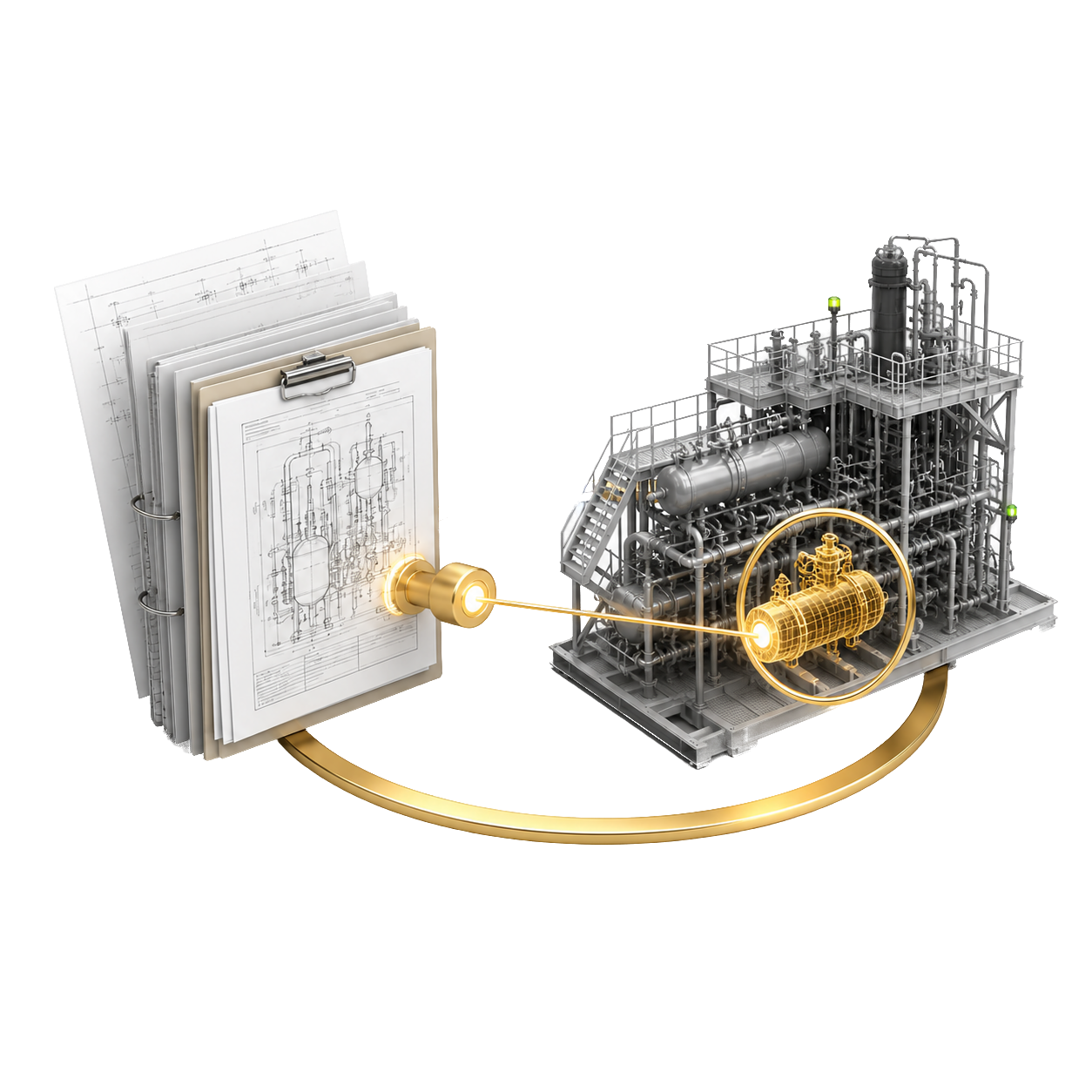 Source documents connected by a provenance ring to an industrial model.