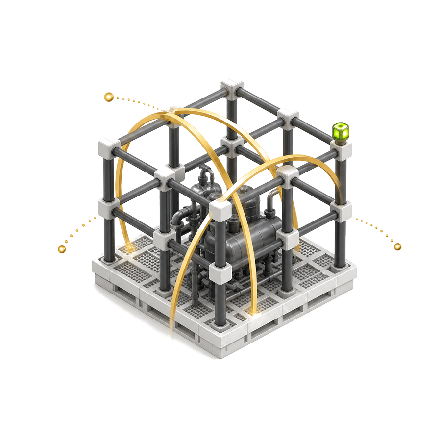 A process module surrounded by a physical coverage sweep and active detector.